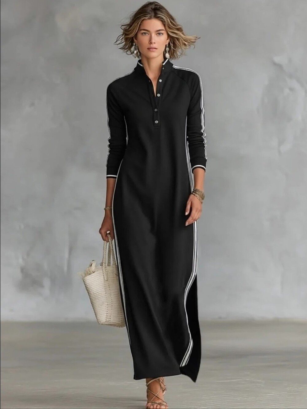 HALARA Black Maxi Polo Dress with White Trim